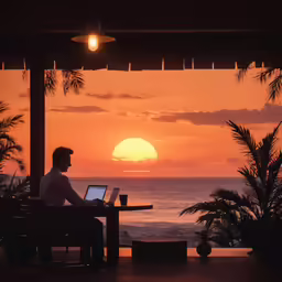 man on his laptop computer while the sun sets at the beach