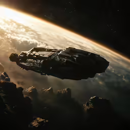 an image of a space ship going through outer space