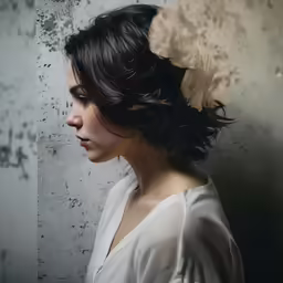 a woman standing against a wall in a white shirt