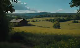 an abandoned wooden house in a field surrounded by green grass and hills