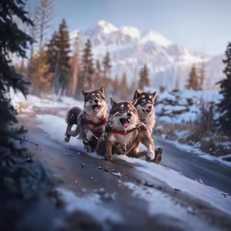 a group of dogs running on top of snow covered ground