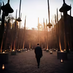 a man walking down a street surrounded by large sculptures