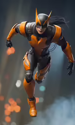 a stylized photo of an action character in orange
