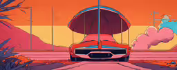 an orange car sits on top of the road in front of a pink and red landscape,a red sports car parked in front of a pink background