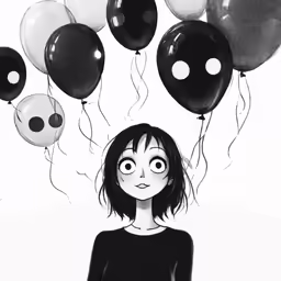 the woman is surrounded by balloons with eyes