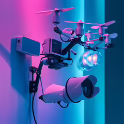 a ccie camera on top of a wall in front of two surveillance cameras