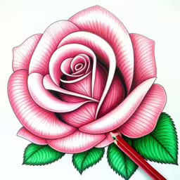 rose with green leaves, with pencils in the foreground,a drawing of a pink rose with green leaves