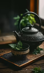 an old tea pot with a tea cup and a tea strainer in the foreground