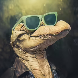 an alligator wearing green sunglasses with dark shades