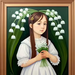 a painting on the wall of a girl in a white dress holding a bouquet of flowers,girl with lily of the valley flowers by mary hulsfield,a painting of a little girl holding a bunch of flowers,a painting of a young girl in white holding flowers,the girl with lily of the valley is holding her bouquet