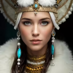 a woman in a native american costume with a feathered headdress