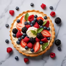 a pastry topped with fruit sits on a white counter