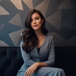 the beautiful woman sits on a black couch
