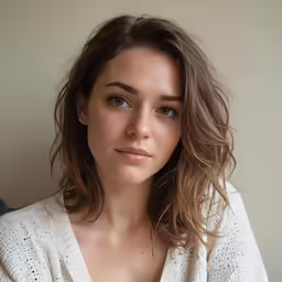 a woman with brown hair is wearing a white sweater