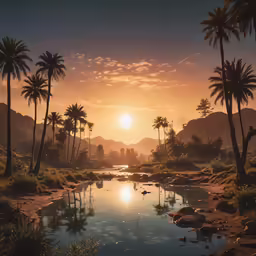 there is a beautiful sunset with some palm trees by the water