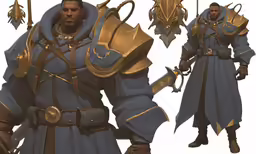 a character from a fantasy game, with multiple armor and two headdress