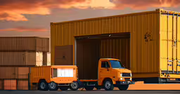 a truck is traveling past a large shipping trailer,a couple of big trucks parked by some shipping containers