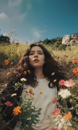 a woman standing in flowers looks to her left