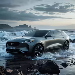 an suv driving in rough seas and water