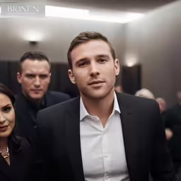 a man is looking into the camera with others in the background