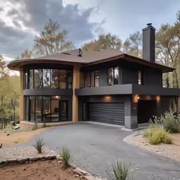 a large black and brown home in the woods