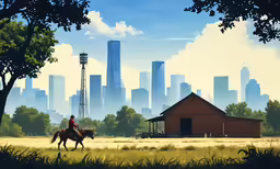 a painting of a man on horseback in the foreground of a city skyline