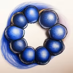 blue balls of varying sizes lie in a circle on a white surface