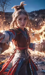 a woman dressed in renaissance garb points her gun towards something