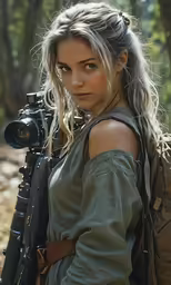 a young woman with a gun and backpack