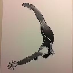 a drawing of a lizard leaping out of water,an artistic drawing of a person diving from the back