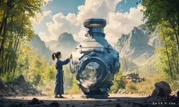 a girl looking at an engine near some hills