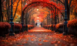 a walkway covered in red leaves during fall