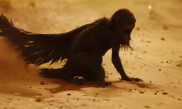 a dark creature sitting in the dirt looking