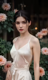 a woman with makeup in a white dress