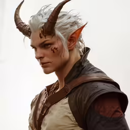 a white haired woman with horns and a hood on