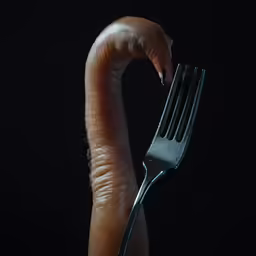 someone holding a fork up to their mouth