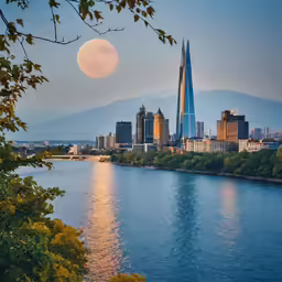 the moon is shining above the city and lake