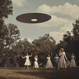 a woman flying through the air under a giant disc
