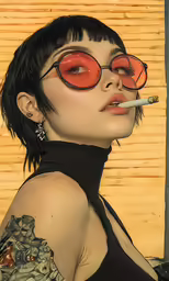 a girl with cigarette on top of her lip