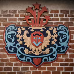 a red blue and gold coat of arms with some stars on it