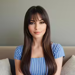 a woman is posing with her legs crossed and a smile