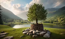 a green tree with rock stacked into it in a grassy area