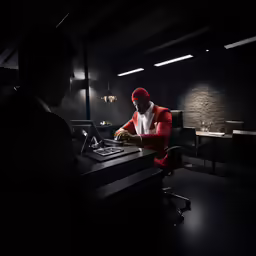 man in red suit sitting at desk in dark room