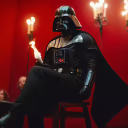 darth vader sitting on top of a stool holding a lit candle