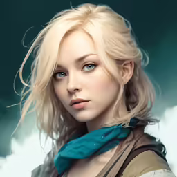 a woman with blue eyes and blonde hair looks into the camera