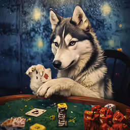 a dog and kitten playing cards at the poker table