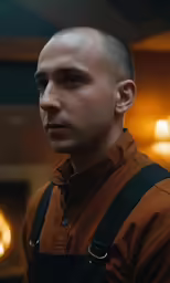a man with a bald head is wearing suspenders and a brown jacket