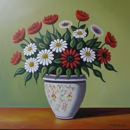 a painting of a white vase filled with red and white flowers,the painting depicts flowers in a white vase