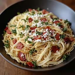 a plate of spaghetti with tomatoes, cheese, and herbs