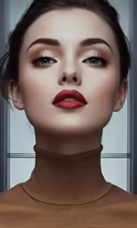 a young woman with long lashes, orange lipstick and high cheekboness